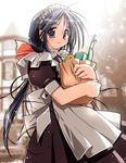  apron artist_request bow copyright_request food grey_eyes long_hair maid snowing solo 
