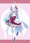 animal_ears blue_eyes bow bowtie commentary_request fox_ears fox_girl fox_tail frilled_skirt frilled_sleeves frills hime_cut japanese_clothes kitsune miko mochiko_tsuru original paw_pose red_bow red_bowtie skirt smile tail thighhighs white_hair white_thighhighs wide_sleeves 