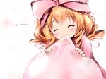  ^_^ biting blonde_hair blush bow closed_eyes hair_bow hina_ichigo kashmir orange_hair pink_bow rozen_maiden short_hair simple_background solo unyu white_background 