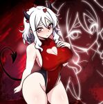  1girl black_horns black_one-piece_swimsuit blush breasts cleavage cleavage_cutout clothing_cutout commentary_request covered_navel demon_girl demon_horns demon_tail fujita_yoshinobu_(ksk_oda) hand_on_own_chest heart heart-shaped_pupils heart_cutout helltaker highleg highleg_one-piece_swimsuit horns large_breasts looking_at_viewer medium_hair modeus_(helltaker) one-piece_swimsuit red_background red_eyes red_one-piece_swimsuit sideboob sidelocks solo swimsuit symbol-shaped_pupils tail two-tone_one-piece_swimsuit white_hair wide_hips zoom_layer 