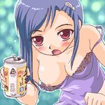  alcohol beer blue_hair blush breasts copyright_request downblouse drunk hair_ornament hairclip large_breasts lingerie lowres nipple_slip nipples oekaki open_mouth red_eyes solo strap_slip toushi_ryoku underwear 