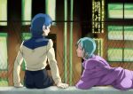  1980s_(style) 1980s_fashion 1boy 1girl aqua_hair ass billboard blue_hair blurry blurry_background building commentary couple dating fake_screenshot fence four_murasame glowing gundam kamille_bidan looking_at_another lying masunikuru night retro_artstyle scene_reference short_hair sitting sweater turtleneck window zeta_gundam 