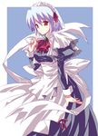  artist_request blue_hair bonnet bow brooch jewelry kotonomiya_yuki long_sleeves maid maid_headdress red_eyes ribbon short_hair sleeve_cuffs solo suigetsu 