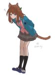  1girl ? animal_ears anzu_(ensemble_stars!) arms_behind_back black_ribbon black_socks blazer blue_eyes blue_jacket cat_ears cat_girl cat_tail closed_mouth commentary_request confused ensemble_stars! full_body grey_skirt jacket leaf leaf_on_head leaning_forward medium_hair neck_ribbon pink_vest plaid_clothes plaid_shirt pleated_skirt raised_eyebrows ribbon school_uniform shirt shoes signature simple_background skirt socks solo standing sumibiya_yasain tail uwabaki vest white_background white_shirt yumenosaki_school_uniform 
