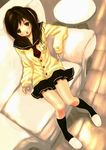  brown_hair cardigan copyright_request couch legs long_hair long_sleeves mikazukimo one_side_up pleated_skirt school_uniform sitting skirt slippers solo 