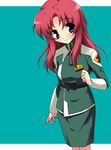  aqua_background blue_eyes green_skirt gundam gundam_seed gundam_seed_destiny long_hair long_sleeves meyrin_hawke nippori pencil_skirt red_hair skirt smile solo uniform 