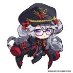  1girl armband avistar_(nikke) black_gloves black_hat blush chibi coat coat_on_shoulders commentary dress english_commentary epaulettes glasses gloves goddess_of_victory:_nikke grey_dress grey_hair hair_between_eyes hat highres long_hair long_sleeves looking_at_viewer no_nose official_art partially_fingerless_gloves purple_eyes red_armband sleeves_past_wrists solo totatokeke triangle_mouth very_long_hair 