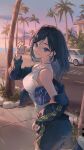  1girl absurdres ball baseball_(object) baseball_mitt bbony_0_0 black_hair blue_eyes blue_jacket blue_shorts breasts car character_request commentary commission highres holding holding_ball jacket jacket_partially_removed jewelry looking_at_viewer looking_back medium_breasts motor_vehicle necklace palm_tree road rock shirt shoes shorts sidewalk smile sneakers solo standing tree twilight white_car white_shirt 