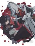  1boy 1girl adversarial_noise amanatsu_(amanatu5069) black_coat black_hair black_hat black_jacket black_shoes black_skirt black_veil bob_cut charon_(reverse:1999) chrysanthemum coat commentary_request covered_face display_case dog_tags dutch_angle flower flower_on_chest full_body gloves hair_over_one_eye hat highres holding holding_case holding_dog_tags holding_notebook jacket long_skirt looking_at_viewer lying necrologist notebook on_back on_side one_eye_covered poppy_(flower) red_flower reverse:1999 shoes short_hair skirt smile upper_body veil watermark white_background white_flower white_gloves white_veil yellow_eyes 
