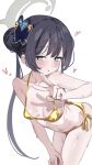  1girl absurdres belly bikini black_hair blue_archive blunt_bangs breasts butterfly_hair_ornament cleavage commentary_request eella gold_bikini hair_bun hair_ornament halo highres kisaki_(blue_archive) long_hair navel shy solo swimsuit v white_background 