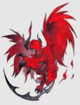 absol alternate_color alternate_shiny_pokemon animal_focus asymmetrical_horns bairizuomeng claws full_body grin hair_over_one_eye highres horizontal_pupils horns looking_at_viewer mega_absol mega_pokemon no_humans one_eye_covered pokemon pokemon_(creature) pokemon_focus red_eyes red_fur red_wings simple_background smile solo uneven_horns wings 