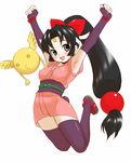  armpits bangs blunt_bangs fishnets gloves headband inuburo japanese_clothes jumping kimono long_hair low-tied_long_hair miniskirt ninin_ga_shinobuden ninja o3o obi onsokumaru purple_legwear sash shinobu short_kimono skirt smiley_face solo thighhighs zettai_ryouiki 