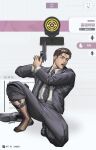  1boy black_jacket black_necktie black_suit brown_hair business_suit formal_clothes goddess_of_victory:_nikke grey_suit gun handgun hanson_(nikke) highres holding holding_gun holding_weapon jacket junwen_lululu male_focus meme necktie nikke's_shooting_pose_(meme) pant_suit pants purple_eyes shirt suit suit_pants weapon 