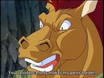  90s angry animal_ears black_eyes brown_fur cave close-up english face furry horse_boy horse_ears jpeg_artifacts mane muscle no_humans nostrils open_mouth red_hair screencap solo stallion_(words_worth) subtitled teeth words_worth 