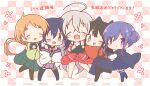  5girls :d ;d ^_^ ahoge bare_shoulders black_camisole black_hair black_pantyhose black_shirt black_shoes black_socks blue_dress blue_hair blue_hakama blue_socks blush bow camisole checkered_background chibi chiya_(urara_meirochou) closed_eyes commentary_request double_bun dress fang green_hakama green_kimono grey_hair hair_between_eyes hair_bun hakama hakama_skirt japanese_clothes kimono kneehighs long_sleeves low_ponytail mitarashi_neko multiple_girls natsume_nono nijou_omi off_shoulder one_eye_closed orange_hair orange_kimono pantyhose pink_bow ponytail puffy_long_sleeves puffy_sleeves purple_eyes purple_hair purple_skirt red_skirt shirt shoes short_eyebrows skirt sleeveless sleeveless_shirt smile socks standing standing_on_one_leg tatsumi_kon thick_eyebrows translation_request twintails urara_meirochou white_kimono white_shirt wide_sleeves yukimi_koume 
