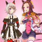  2girls animal_ears asymmetrical_gloves bare_shoulders black_gloves black_hairband black_shorts blush bow breasts brown_hair closed_mouth coat commentary_request curren_chan_(fille_eclair)_(umamusume) curren_chan_(umamusume) dress ear_bow ear_covers epaulettes flower_in_eye gloves gold_hairband grey_hair hairband horse_ears horse_girl horse_tail large_breasts long_hair long_sleeves medium_breasts mismatched_gloves multiple_girls neckerchief off-shoulder_coat off-shoulder_dress off-shoulder_jacket off_shoulder open_mouth ponytail purple_eyes red_bow red_thighhighs sakura_bakushin_o_(blossom_in_learning)_(umamusume) sakura_bakushin_o_(umamusume) short_hair shorts sleeveless sleeveless_jacket smile striped_clothes striped_dress sugimotty_nova symbol_in_eye tail teeth thighhighs umamusume upper_teeth_only vertical-striped_clothes vertical-striped_dress white_gloves white_thighhighs yellow_neckerchief 