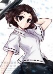  1girl black_hat black_skirt bow brown_eyes brown_hair collared_shirt commentary cowboy_shot expressionless floating_hat hat hat_bow highres looking_at_viewer medium_hair ribbon-trimmed_shirt ribbon_trim shirt short_sleeves skirt solo taboo_japan_disentanglement tama_(hiroshige_36) touhou twitter_username usami_renko watermark white_bow white_shirt 