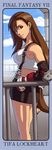  brown_hair character_name copyright_name crop_top earrings elbow_pads final_fantasy final_fantasy_vii jewelry long_hair low-tied_long_hair midriff pencil_skirt railing risachantag skirt solo suspender_skirt suspenders tank_top tifa_lockhart very_long_hair 