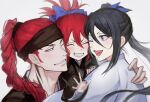  1boy 22nae2 2girls ;d abarai_ichika abarai_renji absurdres black_hair black_headband black_kimono bleach bleach:_epilogue blue_bow blush bow closed_eyes commentary_request family group_hug hair_between_eyes hair_bow haori headband highres hug japanese_clothes kimono korean_commentary kuchiki_rukia long_hair long_sleeves multiple_girls one_eye_closed open_mouth purple_eyes red_hair side_ponytail smile taichou_haori teeth upper_body white_background wide_sleeves 