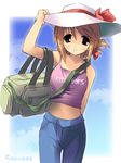  arm_up arms_behind_back bag camisole clothes_writing cowboy_shot denim eyebrows_visible_through_hair folded_ponytail hair_ornament hairclip hat holding holding_hat jeans kantoku komaki_manaka looking_at_viewer midriff pants parted_lips sky solo suitcase tank_top to_heart_2 