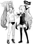  2girls absurdres ahoge blue_archive blush buruma closed_eyes closed_mouth dolphin_shorts full_body greyscale halo highres hina_(blue_archive) horns hoshino_(blue_archive) long_hair looking_at_another low_wings manmaderain monochrome multiple_girls navel navel_peek ponytail shirt shoes short_sleeves shorts smile sneakers socks standing stretching sweatband thighhighs tiptoes very_long_hair wings 