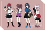  4girls alternate_costume alternate_headwear animal_ear_fluff animal_ears bag belt black_bag black_bow black_bowtie black_necktie black_skirt black_socks blue_hairband blue_shirt blue_shoes bow bowtie brown_background brown_hair cellphone closed_mouth clothes_around_waist collared_shirt commentary_request contemporary flip_phone frilled_skirt frills full_body grey_hair hair_between_eyes hair_ornament hairband hairclip hat highres himekaidou_hatate holding holding_phone iizunamaru_megumu inubashiri_momiji katsuragi_atori kneehighs long_hair looking_at_viewer missing_headwear missing_wings multiple_girls necktie parallel_hairclips phone purple_sweater red_eyes red_hat red_shoes school_uniform shameimaru_aya shirt shoes short_sleeves shoulder_bag skirt smile sneakers socks sweater sweater_around_waist touhou twintails watermark white_belt white_shirt white_socks wolf_ears wolf_girl 