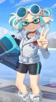  1girl aqua_eyes aqua_hair belt bike_shorts black_shorts blue_sky boots closed_mouth cloud commentary_request dread_wringer_(splatoon) eyewear_on_head grey_jacket highres holding holding_weapon inkling inkling_girl inkling_player_character jacket lens_flare mizututigi mountainous_horizon outdoors pointy_ears shorts sky smile solo splatoon_(series) standing sunglasses tentacle_hair v weapon white_boots zipper 