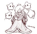  1girl artist_name book brooch chair closed_eyes closed_mouth commentary crown dress earrings english_commentary hair_over_one_eye holding holding_book jewelry long_hair long_sleeves luma_(mario) mario_(series) on_chair redbeanporridge rosalina sitting sketch star_(symbol) star_brooch star_earrings super_mario_galaxy wooden_chair 