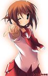 arm_behind_back blue_eyes eyebrows_visible_through_hair folded_ponytail kantoku komaki_manaka long_sleeves one_eye_closed outline outstretched_arm pleated_skirt red_skirt school_uniform serafuku skirt smile solo to_heart_2 white_outline 
