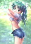  ass breasts covered_nipples denim denim_shorts goto_p green_eyes green_hair medium_breasts omoi_no_kakera ponytail ribbon shiomi_shouko shirt_lift short_shorts shorts solo underboob undressing 