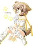  animal_ears bandages buruma collar dog_ears dog_tail gym_uniform hair_ribbon hairband loose_socks mouth_hold nekoneko paw_print petit_hound ribbon sitting socks solo tail tieru yellow_eyes 