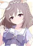  1girl absurdres animal_ears arnolddayo blush bow bowtie braid breasts brown_hair buena_vista_(umamusume) checkered_hairband closed_mouth collarbone commentary_request ear_covers hair_between_eyes hair_ornament hairband highres horse_ears horse_girl medium_breasts medium_hair puffy_short_sleeves puffy_sleeves purple_bow purple_bowtie purple_eyes purple_shirt sailor_collar sailor_shirt school_uniform shirt short_sleeves solo speech_bubble sweatdrop tracen_school_uniform umamusume upper_body white_sailor_collar 