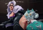  2girls anilingus animal_ears aqua_jacket ass_cutout black_bodysuit black_cat_(marvel) black_mask bodysuit clothing_cutout domino_mask eye_mask felicia_hardy grey_hair highres indoors jacket long_hair marvel marvel_rivals mask multiple_girls nsfnaarfu pussy sound_effects white_fox_(marvel) yuri 