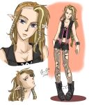  1girl alternate_costume alternate_hairstyle alternate_universe asymmetrical_hair bare_shoulders black_boots black_jacket black_shorts blue_eyes boots braid breasts brooch brown_hairband cladmented cleavage commentary contemporary dated ear_piercing english_commentary eyebrow_piercing face_piercing fishnet_pantyhose fishnets full_body hairband jacket jewelry long_hair medium_breasts midriff mouth_piercing multiple_views open_clothes open_jacket pantyhose piercing pointy_ears princess_zelda punk shorts sidelocks signature single_braid single_hair_intake sleeveless sleeveless_jacket spiked_bra the_legend_of_zelda the_legend_of_zelda:_twilight_princess torn_clothes torn_pantyhose torn_shorts undercut 