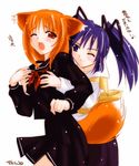  animal_ears breast_grab breasts fox_ears fox_tail grabbing hana_(ukagaka) kuro_(ukagaka) long_sleeves multiple_girls one_eye_closed pleated_skirt school_uniform skirt small_breasts tail tokino twintails ukagaka yuri 