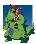  1boy arm_up blue_background closed_eyes ethan_(pokemon) grin hat highres hoothoot jacket larvitar long_sleeves male_focus pants pokemon pokemon_(creature) pokemon_gold/silver/crystal red_jacket red_shoes red_socks shoes sitting_on_shoulder smile socks teeth tyako_089 tyranitar yellow_pants 