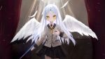  1girl \||/ angel angel_beats! angel_wings black_skirt blush brooch buttons closed_mouth collared_shirt commentary cowboy_shot expressionless eyebrows_hidden_by_hair falling_feathers feathered_wings feathers fighting_stance h.yasai hair_between_eyes hair_intakes hand_sonic hand_up highres indoors jacket jewelry long_hair long_sleeves looking_at_viewer miniskirt neck_ribbon pleated_skirt ribbon school_uniform shirt sidelocks skirt solo spotlight stage tachibana_kanade very_long_hair white_feathers white_hair white_shirt white_wings wings yellow_eyes yellow_jacket yellow_ribbon 