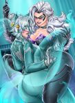  2girls animal_ears aqua_jacket ass bell black_bodysuit black_cat_(marvel) black_mask blue_fire blush bodysuit breasts claws cleavage domino_mask eye_mask felicia_hardy fiery_tail fire gloves green_eyes grey_hair grin hair_bell hair_ornament highres jacket large_breasts marvel marvel_rivals mask multiple_girls nungmeenui smile tail white_fox_(marvel) white_gloves yuri 