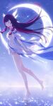  1girl absurdres black_hair candy columbina_(genshin_impact) commentary crescent dress floating_hair food from_side full_body genshin_impact hair_ornament highres holding holding_candy holding_food kokage_(chenff) long_hair long_sidelocks multicolored_hair purple_hair reflection ripples sidelocks sky solo standing standing_on_liquid star_(sky) starry_sky tiptoes very_long_hair water white_dress wing_hair_ornament 