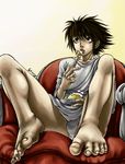  bags_under_eyes barefoot briefs cake couch death_note ericulf feet food l_(death_note) male_focus male_underwear solo toes underwear white_briefs 