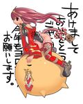  animal_ears ankle_boots bell boots detached_sleeves ema frilled_legwear frills highleg long_sleeves monkey_ears monkey_tail original pink_hair red_eyes red_legwear riding solo tail text_focus thighhighs x6suke zipper 