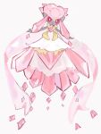  1girl colored_sclera colored_skin crystal crystal_hair diancie dress full_body gem grey_skin heart-shaped_gem highres long_hair looking_at_viewer mega_diancie mega_pokemon n29670007 pink_eyes pink_gem pink_hair pokemon pokemon_(creature) red_sclera simple_background smile solo white_background white_dress 