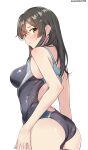  1girl ass black_hair black_one-piece_swimsuit blush breasts commentary_request hair_ornament hairclip highres kantai_collection long_hair looking_at_viewer medium_breasts one-piece_swimsuit oyashio_(kancolle) solo swimsuit yamabiko1358 