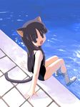  :d animal_ears arm_support barefoot black_hair black_school_swimsuit cat_ears cat_tail child from_above houmitsu long_hair looking_at_viewer one-piece_swimsuit open_mouth original pool poolside refraction school_swimsuit sitting smile soaking_feet solo swimsuit tail water 