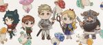  2boys 3girls ambrosia_(dungeon_meshi) arm_guards armor artist_name bag beard belt belt_pouch black_eyes black_hair blonde_hair blue_capelet blue_hood blue_robe body_fur boots braid bright_pupils brown_bag brown_belt brown_boots brown_eyes brown_gloves brown_hair brown_pants brown_skirt capelet cat_girl chainmail chest_guard chilchuck_tims choker commentary_request dungeon_meshi dwarf elf facial_hair fake_horns feet full_body gloves green_eyes green_scarf half_up_half_down_braid halfling helmet highres holding holding_behind_back holding_knife holding_staff holding_sword holding_weapon holding_weapon_behind_back hood hood_down hooded_capelet horned_helmet horns izutsumi knife laios_touden large_ears leather_armor legs long_beard long_hair looking_at_viewer marcille_donato mature_male mege_(megechan) mismatched_animal_ear_colors multiple_boys multiple_girls muscular muscular_male mustache ninja o_o pants pointy_ears pouch red_choker red_ribbon red_scarf ribbon robe sandals scarf senshi_(dungeon_meshi) shield short_hair shoulder_armor silver_armor skirt smile solid_circle_pupils staff standing sword thick_mustache toes twin_braids twitter_username very_long_beard very_short_hair weapon white_background white_pupils 