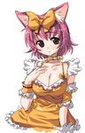  animal_ears blush bow breasts cat_ears cleavage collar copyright_request hair_bow hand_on_own_chest large_breasts looking_at_viewer oekaki onija_tarou pink_hair purple_eyes short_hair simple_background solo waitress white_background 