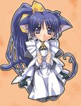  animal_ears artist_request blue_eyes blue_hair bow cat_ears itou_noemi long_hair long_sleeves lowres solo tea with_you yellow_bow 