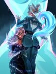  2girls animal_ears aqua_jacket aqua_pants ass bell black_bodysuit black_cat_(marvel) black_mask blue_fire bodysuit des_lovv domino_mask eye_mask felicia_hardy fiery_tail fire grabbing_another's_ass green_eyes grey_hair groping hair_bell hair_ornament highres jacket looking_at_viewer looking_back marvel marvel_rivals mask multiple_girls pants tail twitter_username web_address white_fox_(marvel) yuri 