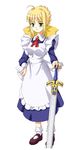  ahoge andou_mahoro andou_mahoro_(cosplay) artoria_pendragon_(all) blonde_hair brooch cosplay date_(senpen) excalibur fate/stay_night fate_(series) green_eyes hair_ribbon jewelry kawasumi_ayako long_sleeves mahoromatic maid parody ribbon saber seiyuu_connection sleeve_cuffs solo sword weapon 