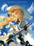  1girl absurdres baseball_bat black_bow black_collar black_gloves blonde_hair blue_eyes blue_gem blue_sash blue_sky bow breasts collar commentary cowboy_shot day english_commentary english_text gem gloves hair_bow hair_ornament hat high-waist_skirt highres holding holding_baseball_bat lewdlily66 long_sleeves looking_at_viewer one_side_up open_mouth pantyhose phoebe_(wuthering_waves) revision sash shirt skirt sky smile solo tacet_mark_(wuthering_waves) underboob white_hat white_pantyhose white_shirt white_skirt wind wuthering_waves x_hair_ornament 